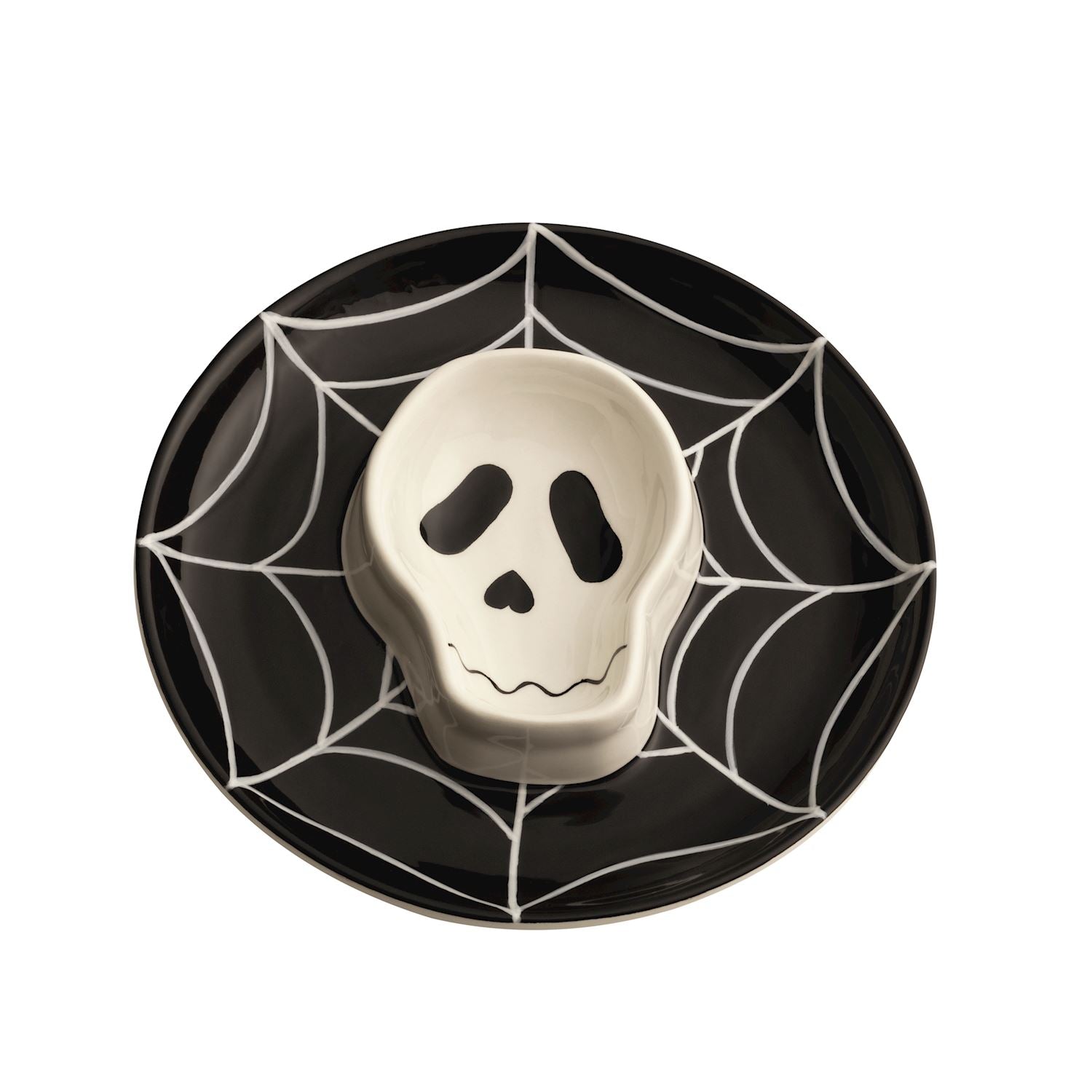 black bowl with a spiderweb pattern and a skeleton head in the center 