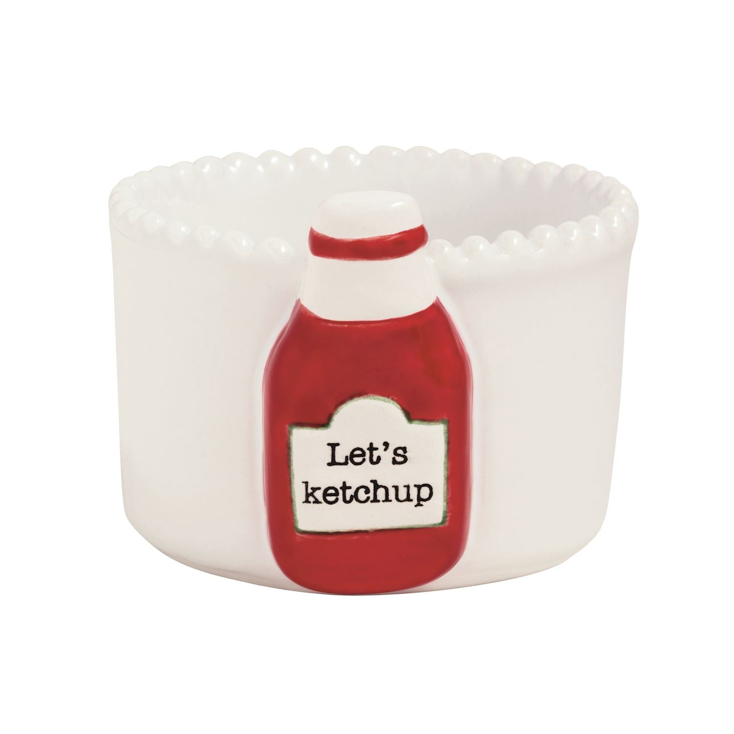 Ceramic container with a ketchup bottle design and 'Let's ketchup' text on a white background