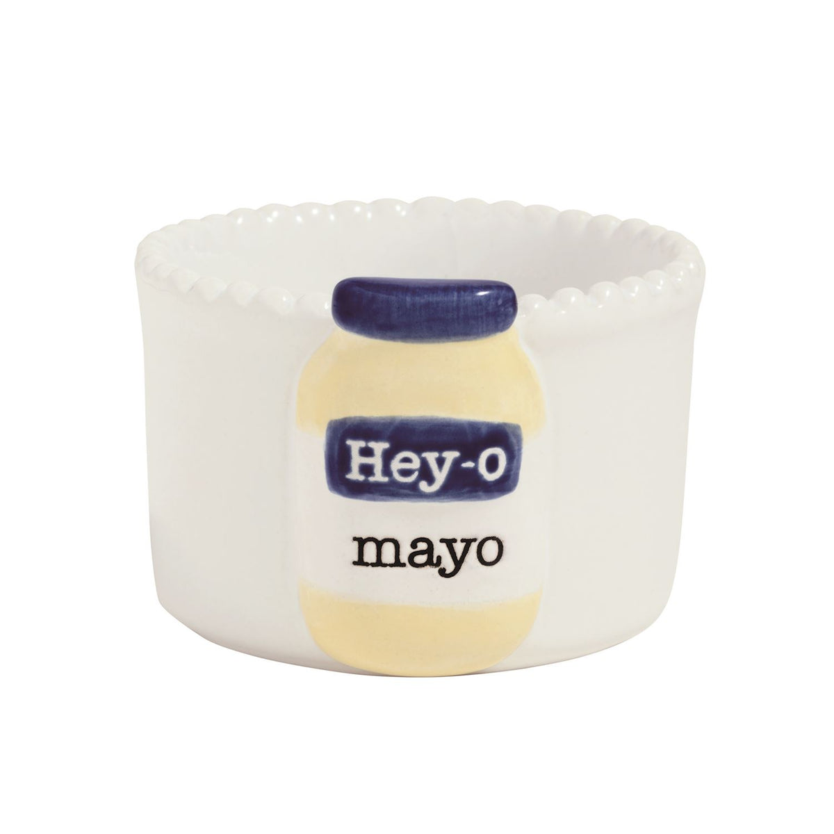A small white ceramic bowl designed to look like a jar of Hey-o Mayo, featuring a yellow label with a dark blue cap and the text 'Hey-o mayo' printed on it, set against a plain white background.