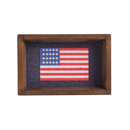 Embroidered American flag on a blue background in a wooden mango wood frame 