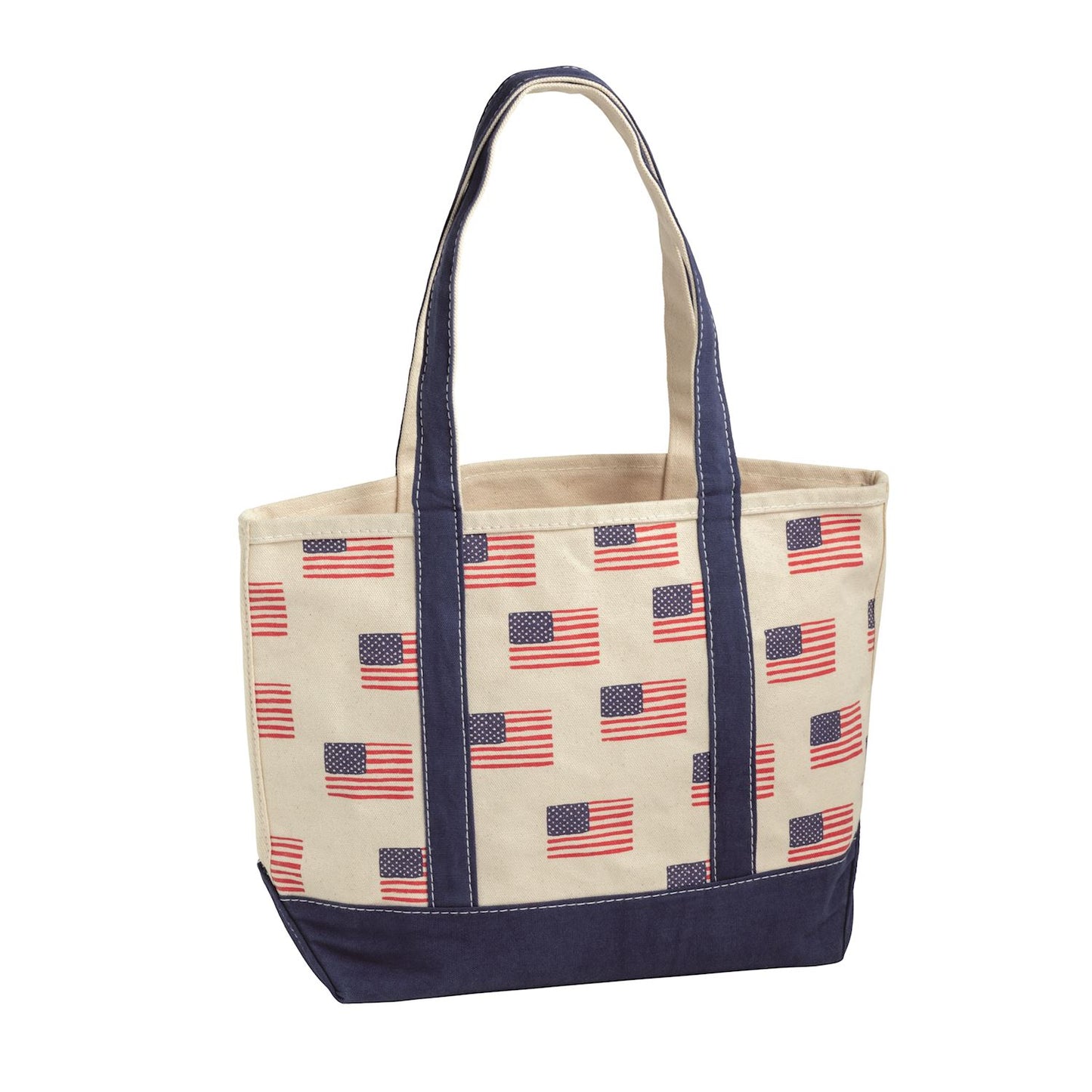 Tote bag with American flag pattern on a white background