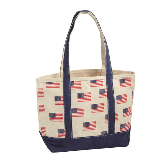 Tote bag with American flag pattern on a white background