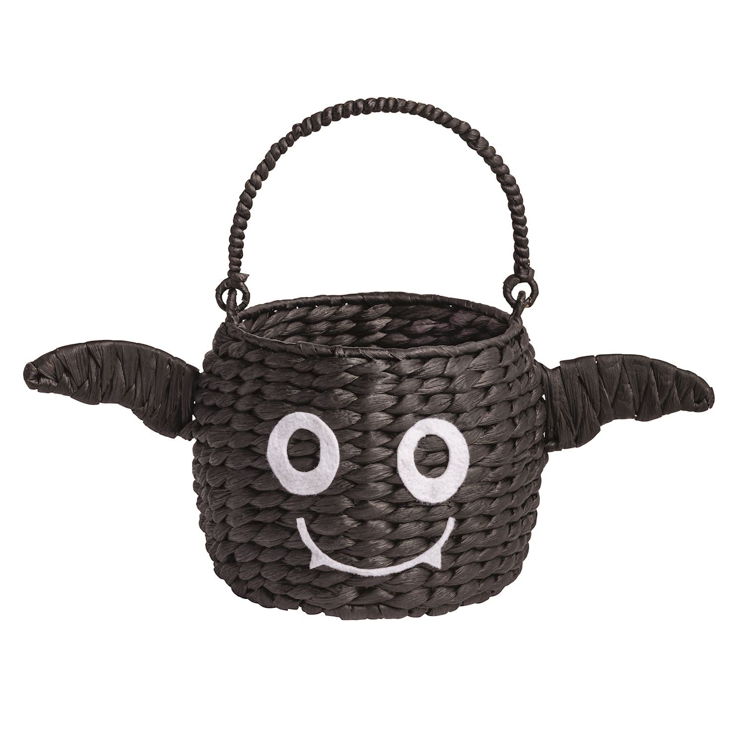 Woven trick-or-treat basket with a bat face and wings on a white background