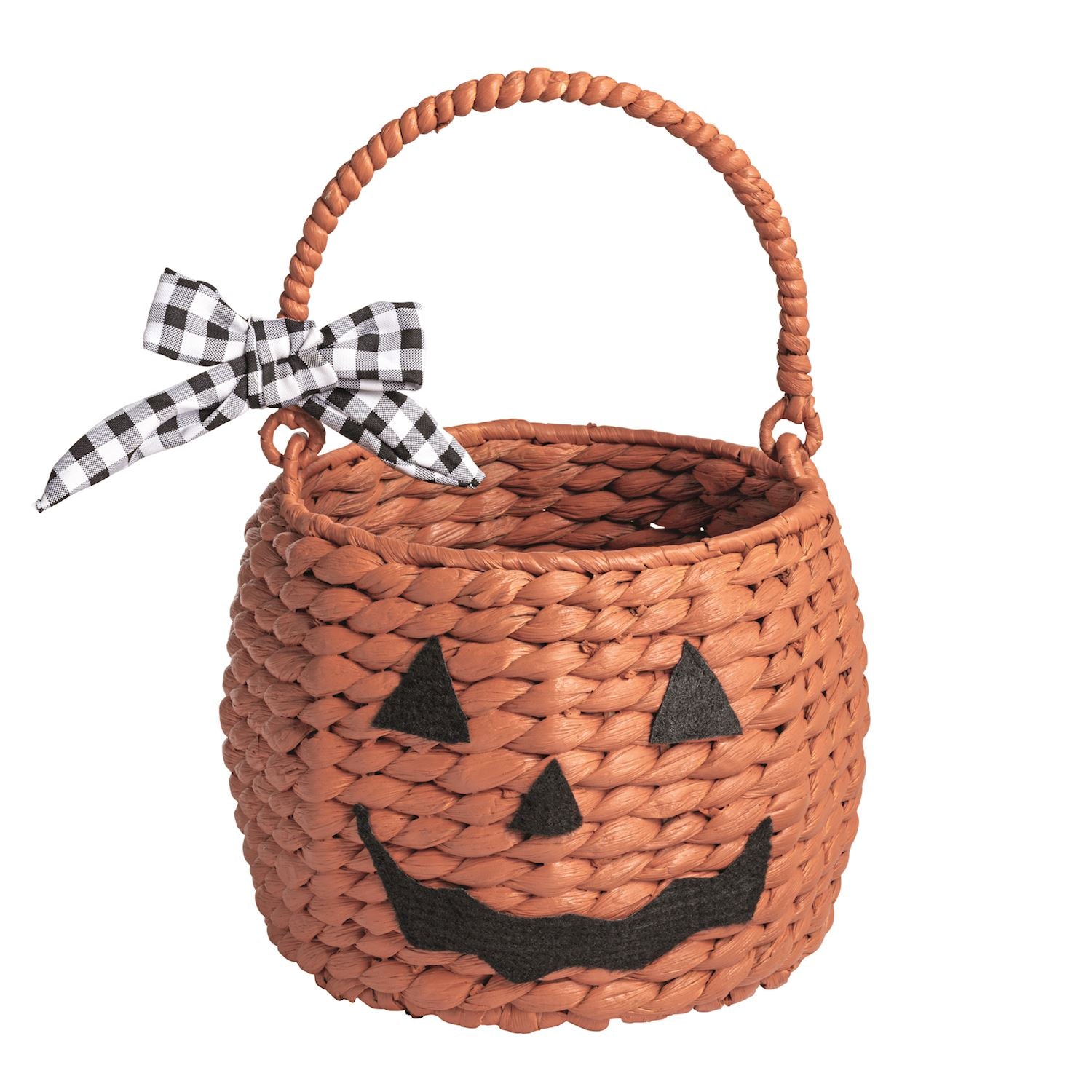 Woven basket with a jack-o'-lantern face design and a checkered ribbon on a white background