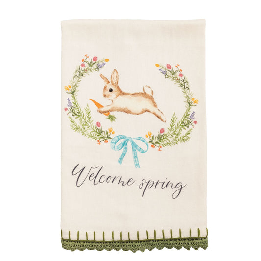 SALE Mud Pie Towel - Welcome Spring with Green Crochet Trim