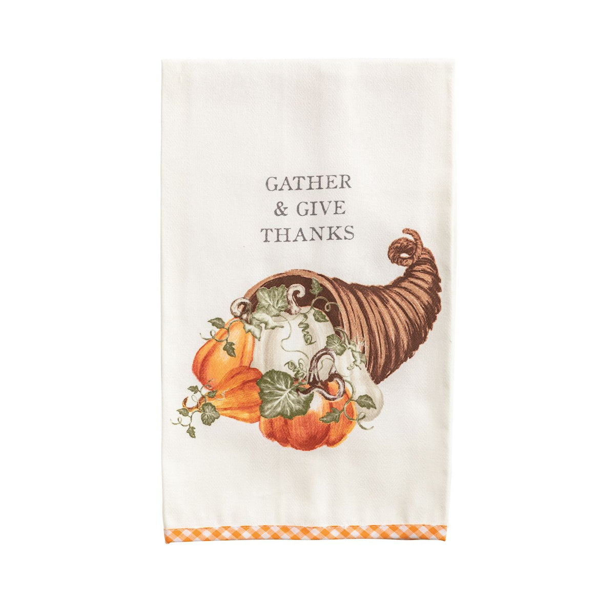 Decorative towel with cornucopia, pumpkins, and text 'Gather & Give Thanks' on a white background.