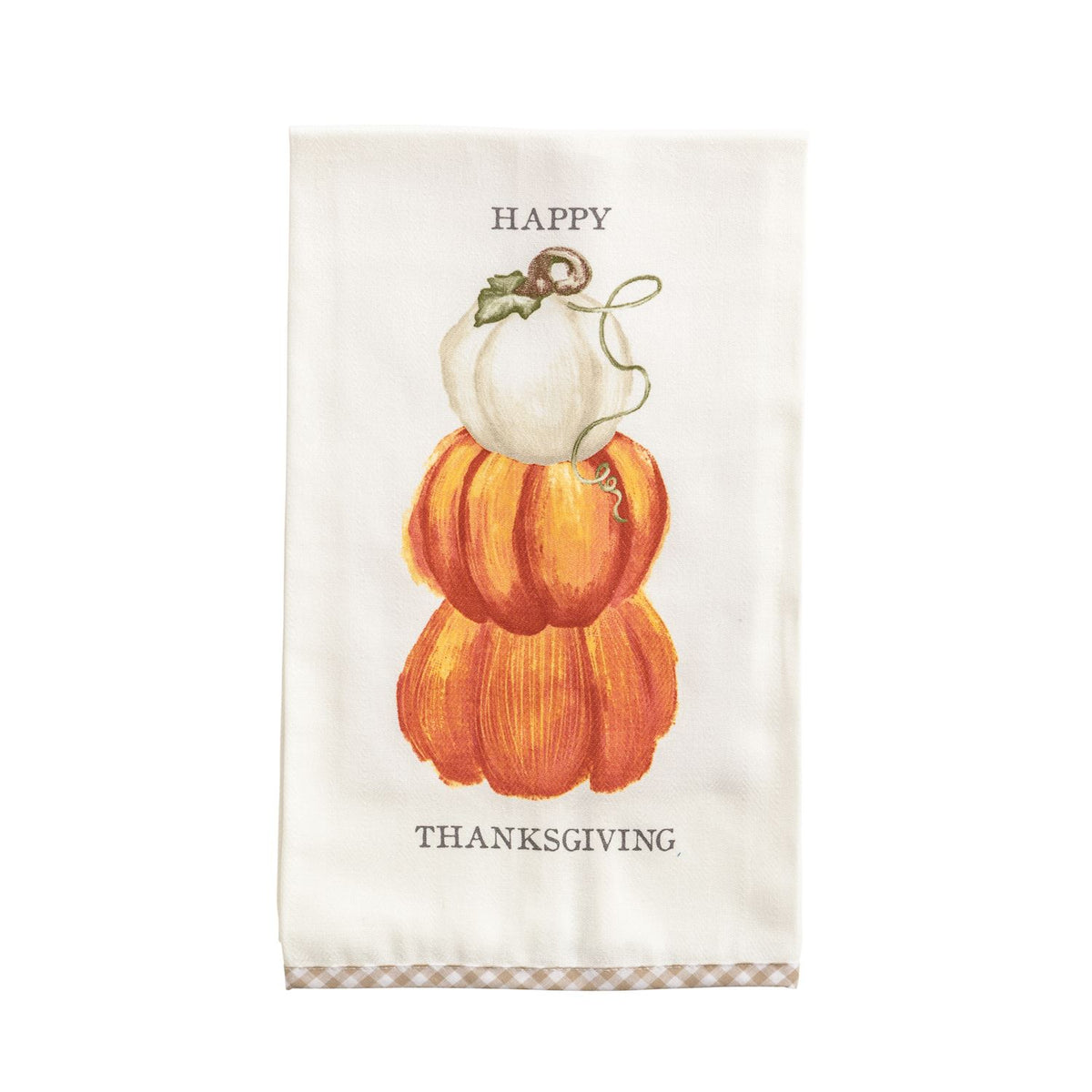 An off-white fabric tea towel featuring a stacked illustration of three pumpkins in shades of orange and white, with the words 'HAPPY THANKSGIVING' printed in black. 