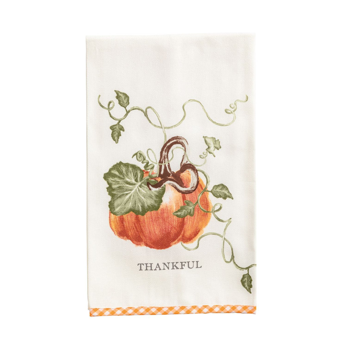 An off-white kitchen tea towel featuring a vintage-style illustration of an orange pumpkin with green leaves and vines, with the word 'THANKFUL' printed below and an orange-and-white checkered border at the bottom.