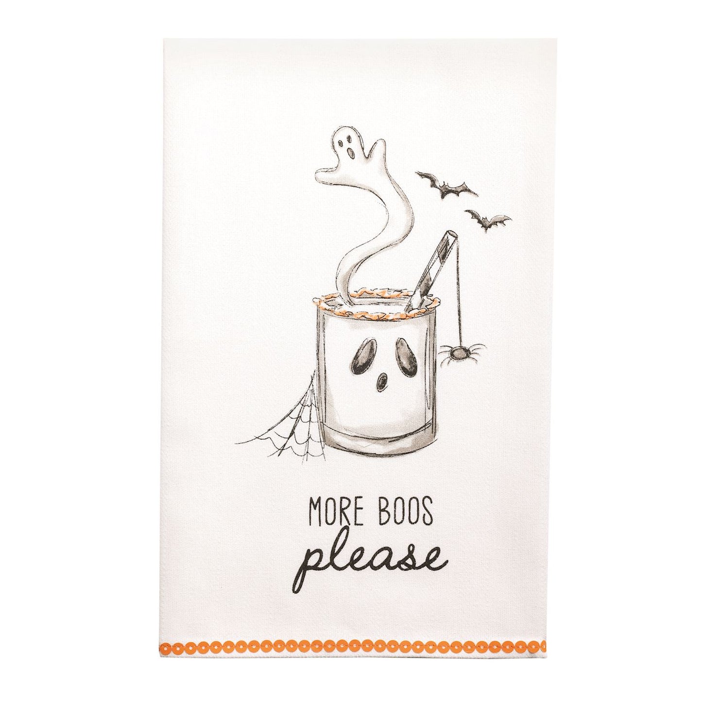 Halloween-themed kitchen towel design ed with a ghost in a glass and text 'More boos please' 