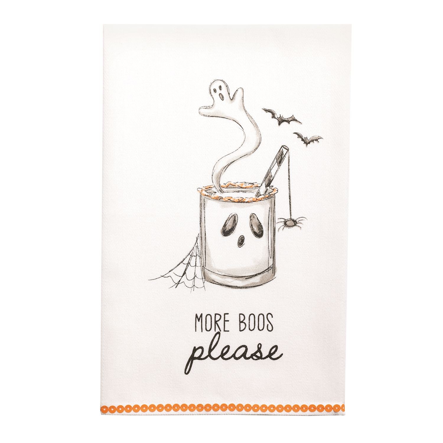 Halloween-themed kitchen towel design ed with a ghost in a glass and text 'More boos please' 