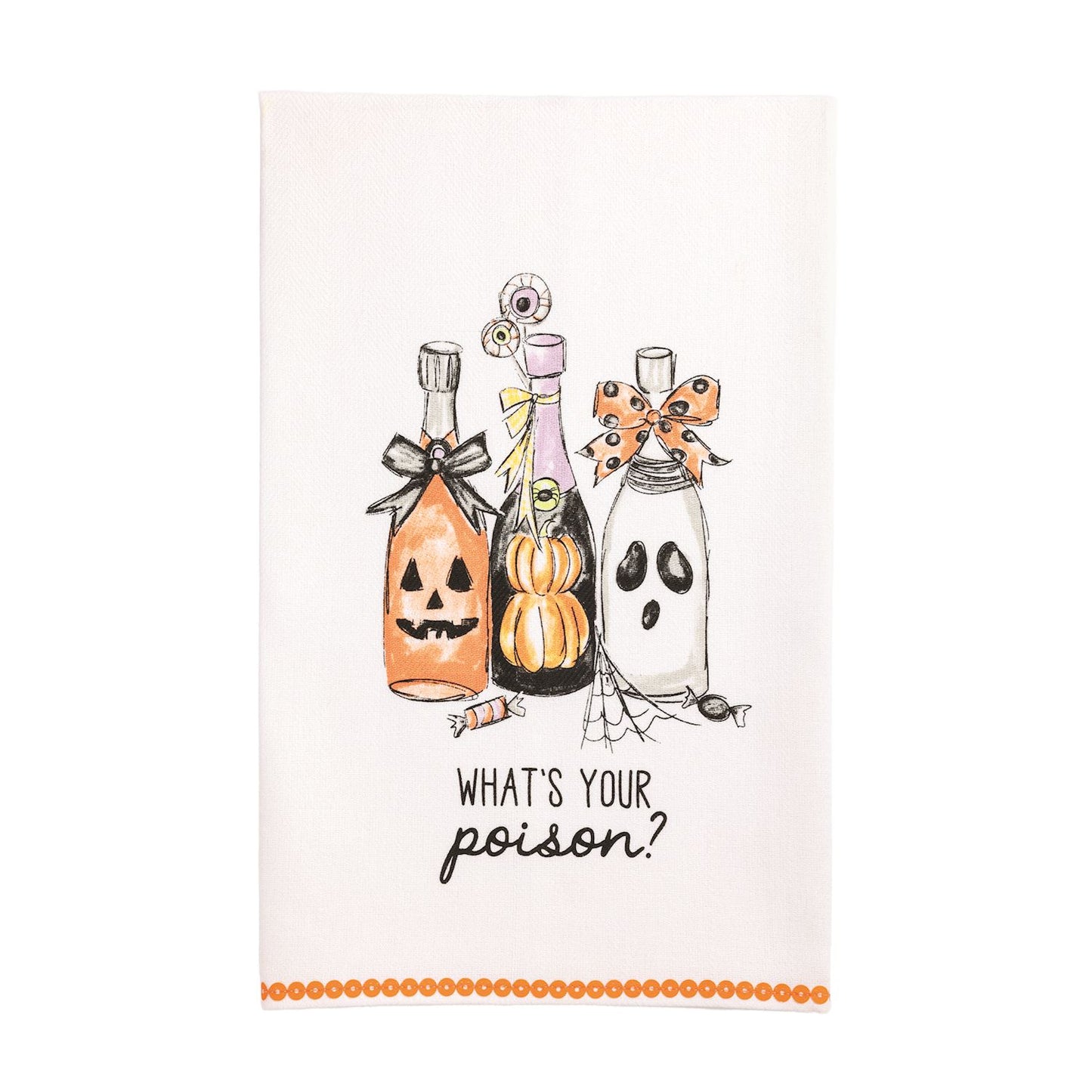 Halloween themed kitchen towel with 3 alcohol bottles, orange trim and the text "what's your poison"