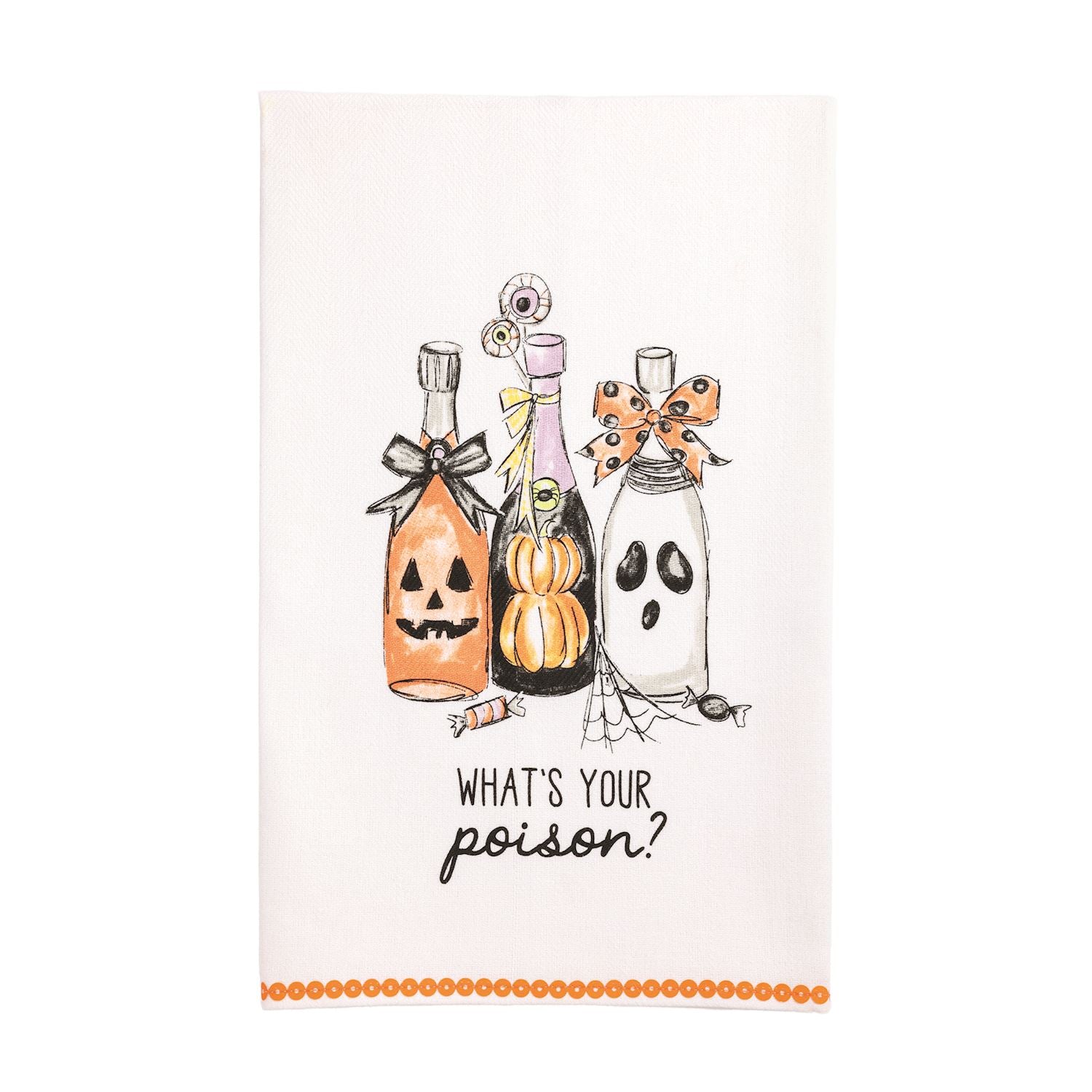 Halloween themed kitchen towel with 3 alcohol bottles, orange trim and the text "what's your poison"