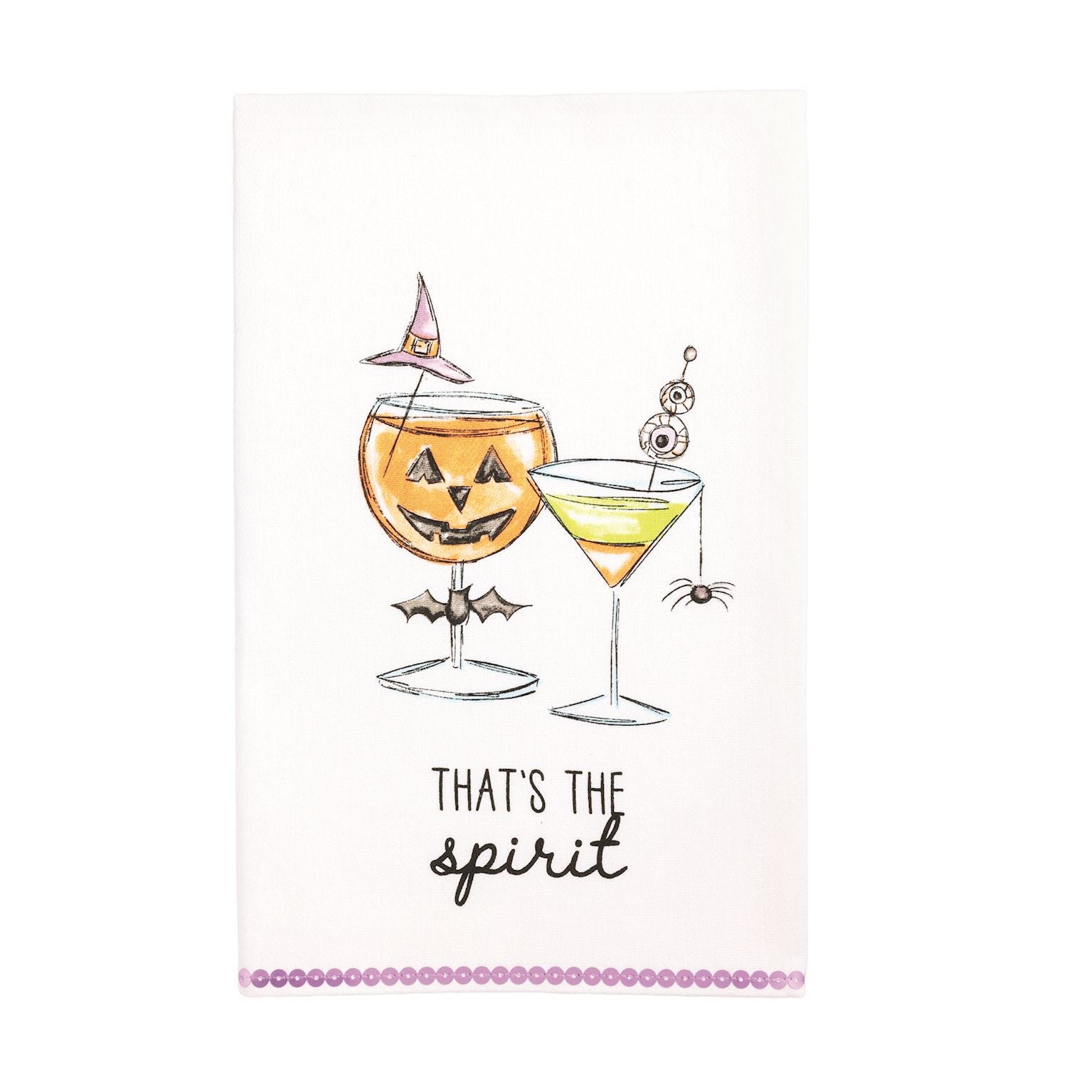 Kitchen towel with two Halloween-themed cocktails with jack-o'-lantern glasses and a spider. Towel is trimmed in purple sequins