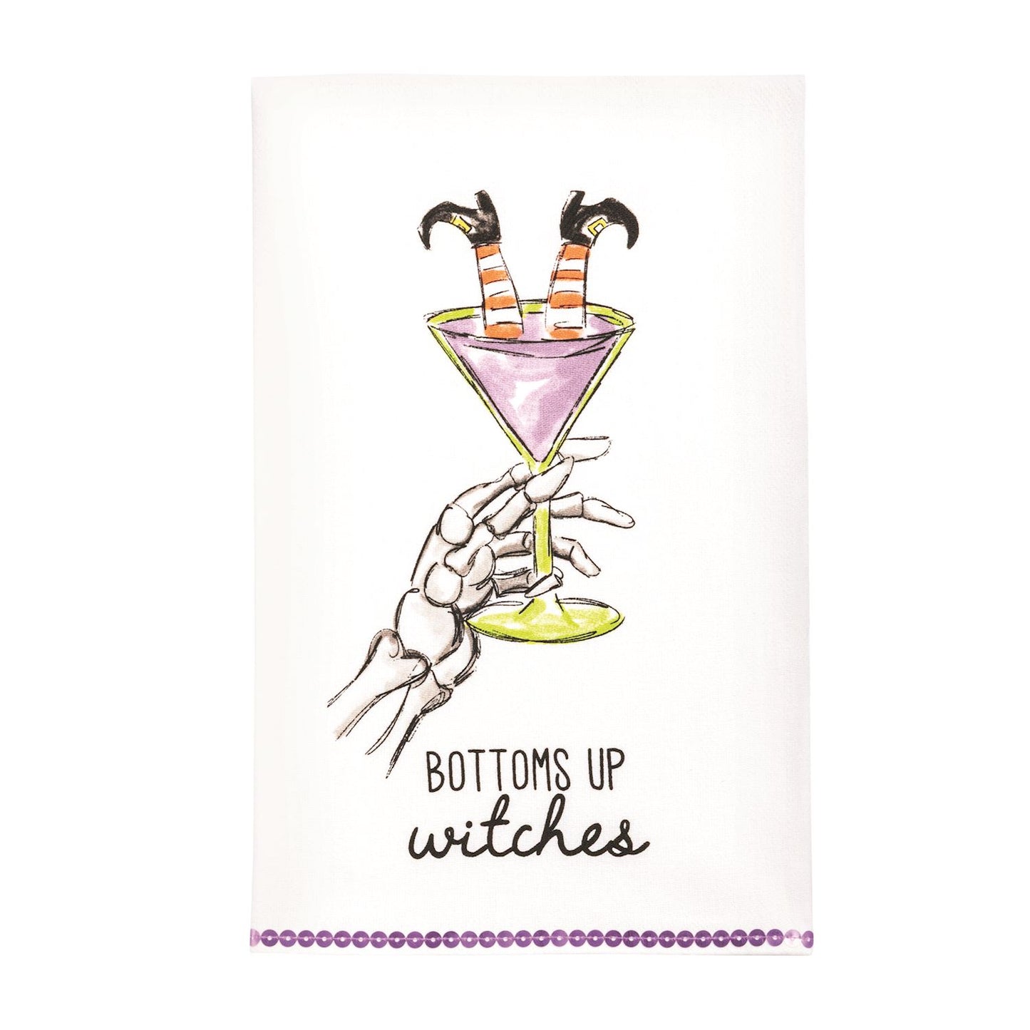 Kitchen towel with an Illustration of skeleton hands holding a cocktail glass with 'Bottoms up witches' text and witch's legs in the drink