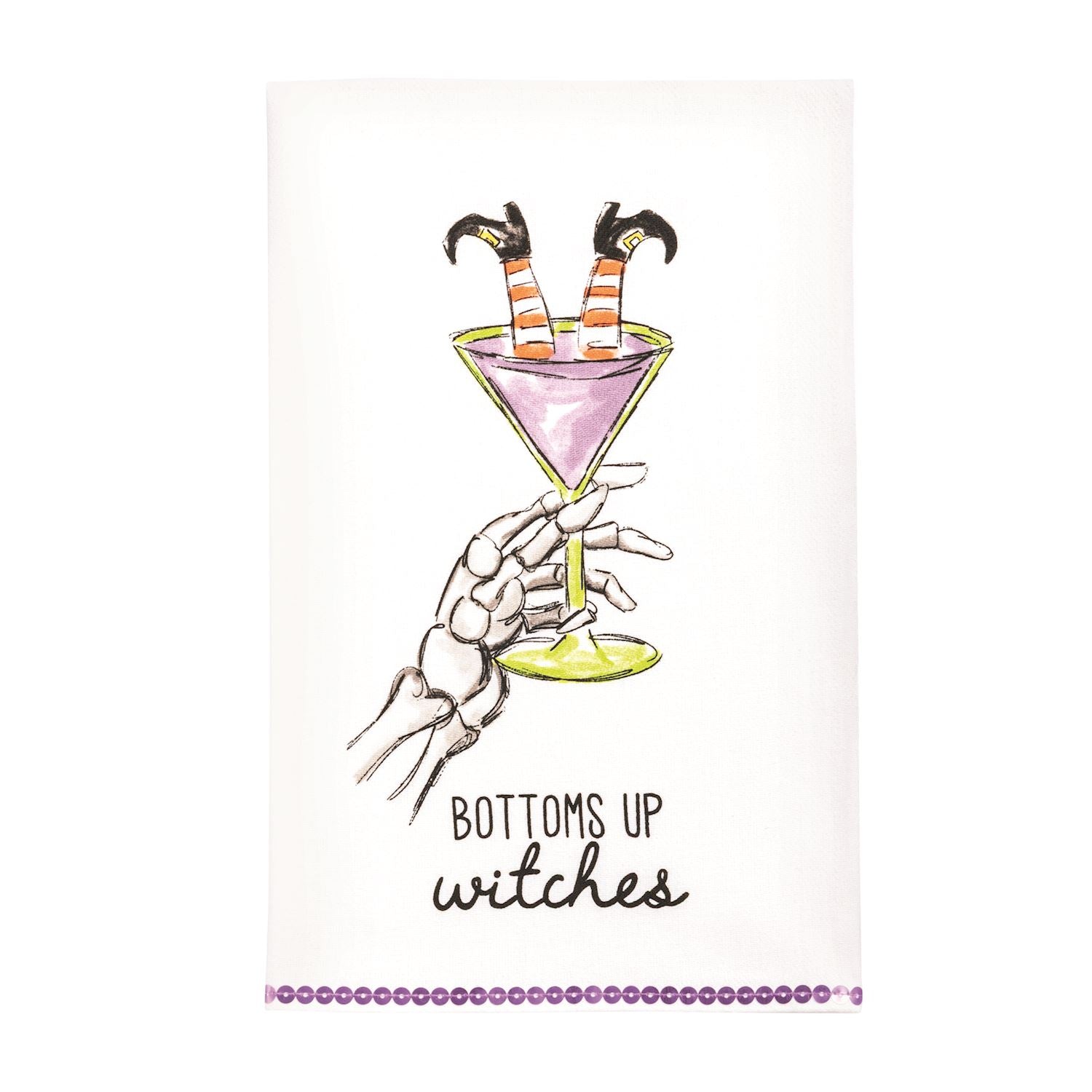 Kitchen towel with an Illustration of skeleton hands holding a cocktail glass with 'Bottoms up witches' text and witch's legs in the drink