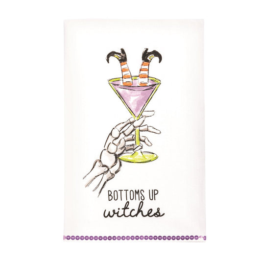Kitchen towel with an Illustration of skeleton hands holding a cocktail glass with 'Bottoms up witches' text and witch's legs in the drink