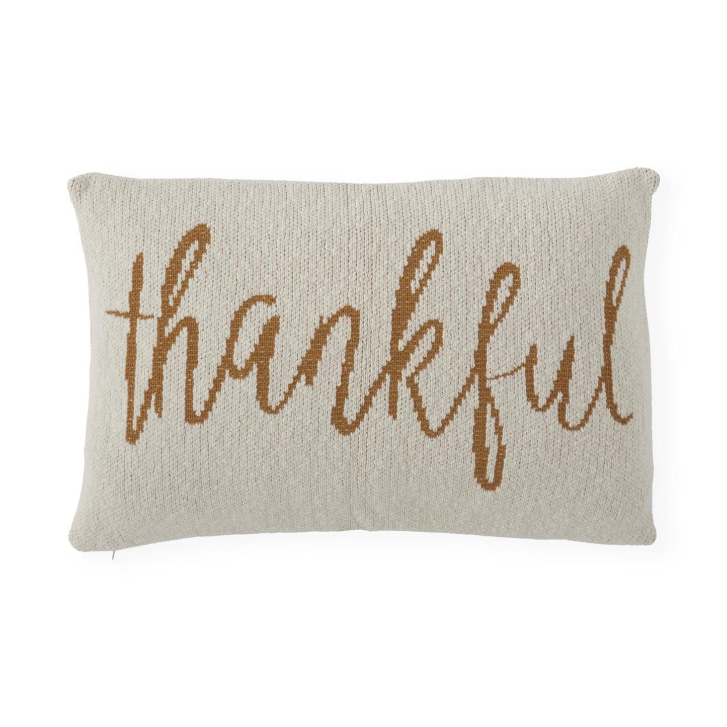Beige knit pillow with yellow 'thankful' text on a white background