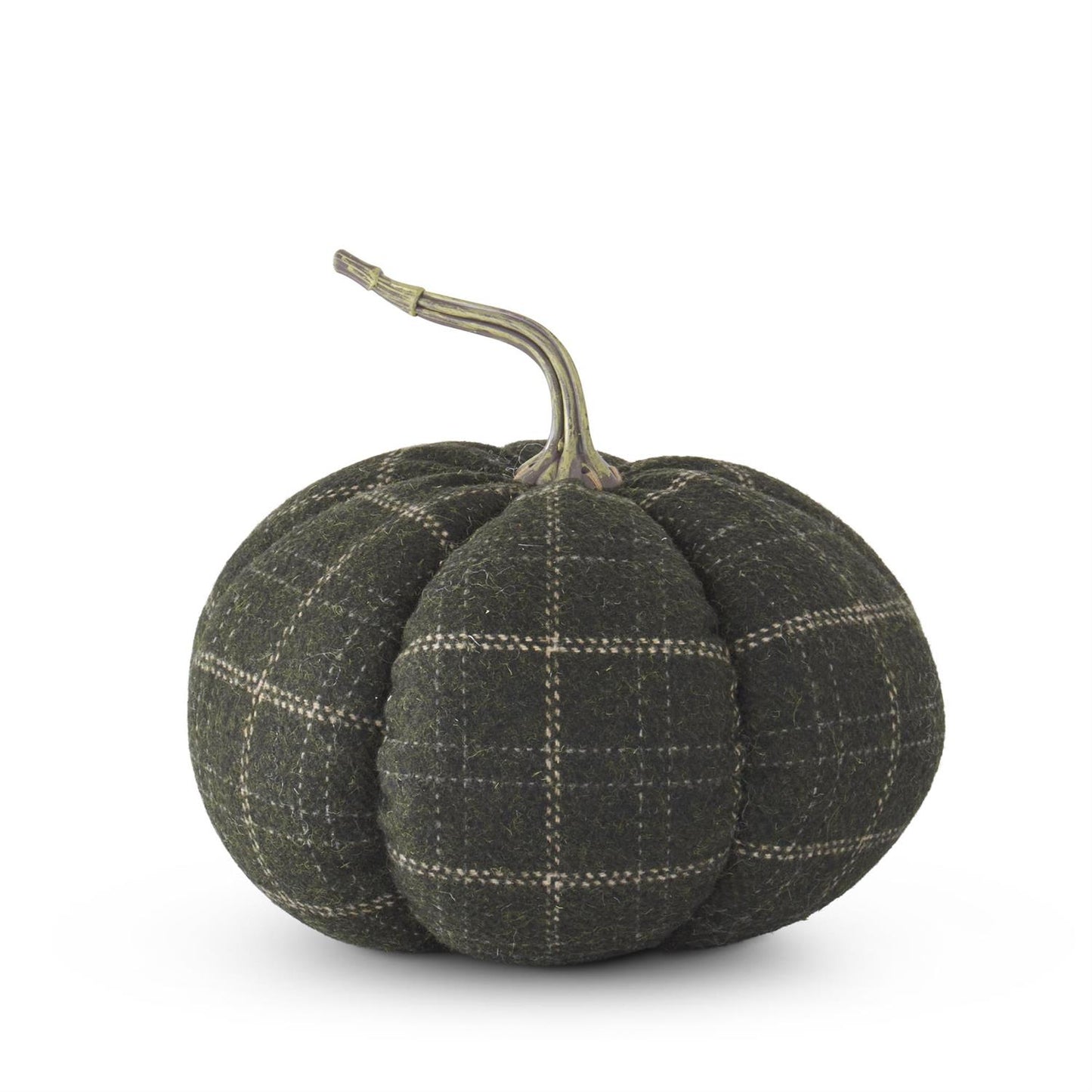Fabric pumpkin with green and tan plaid pattern on a white background