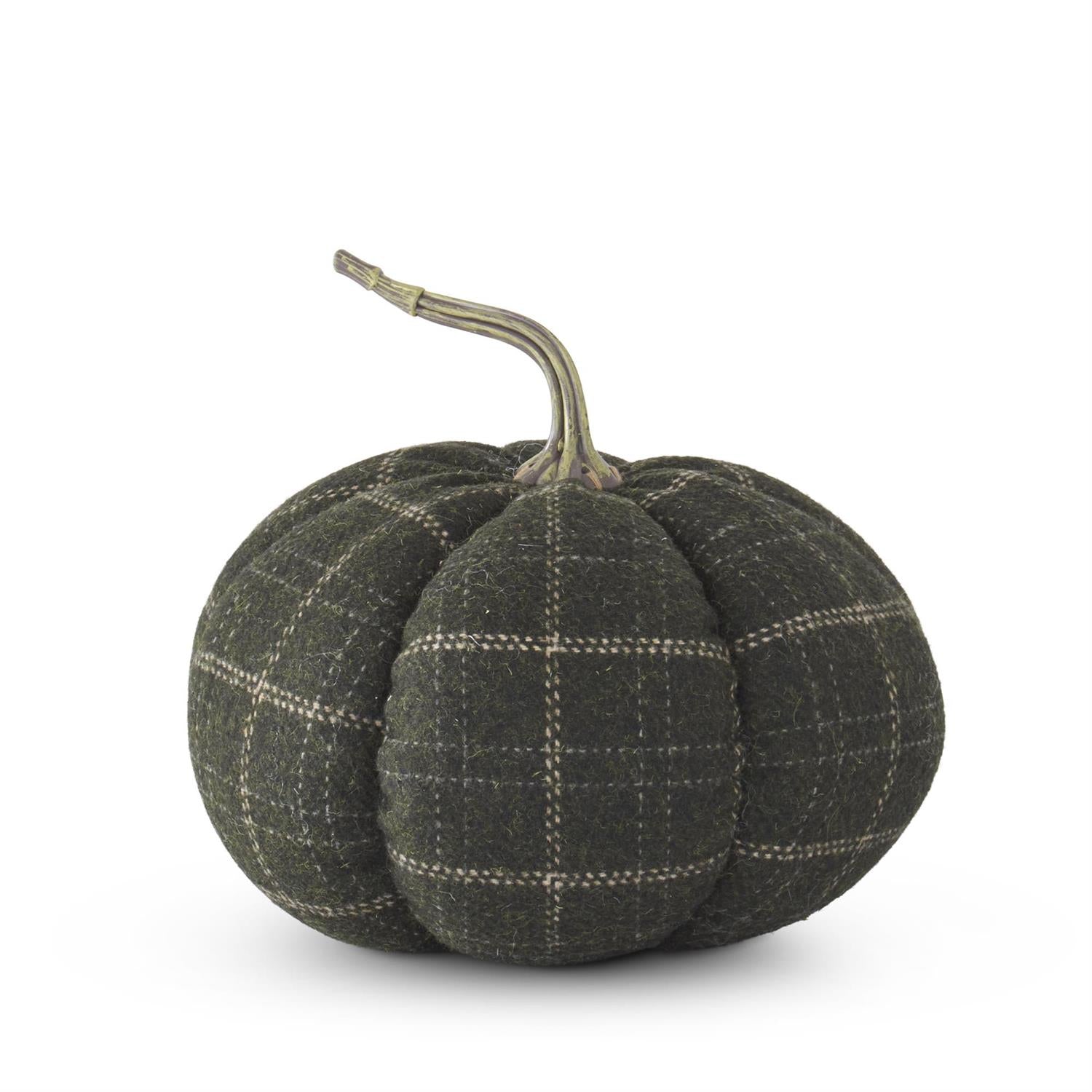Fabric pumpkin with green and tan plaid pattern on a white background