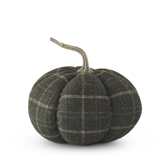Fabric pumpkin with green and tan plaid pattern on a white background