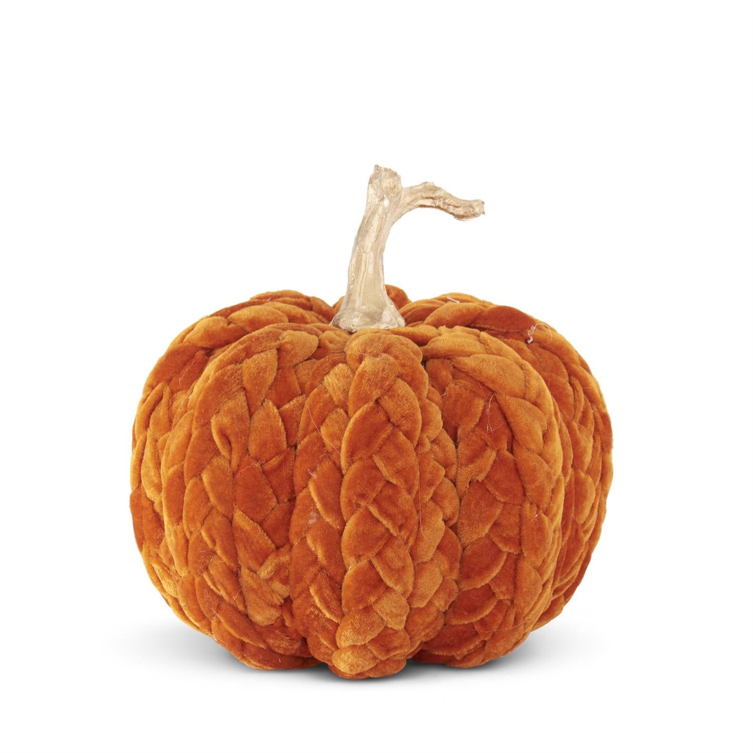 Decorative orange pumpkin with braided texture and a beige stem