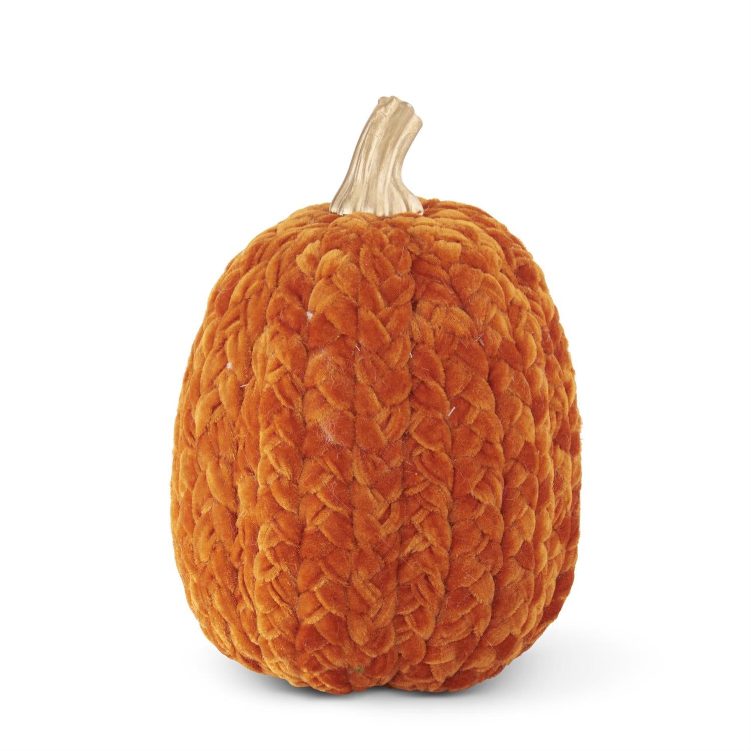 Decorative orange pumpkin with braided texture and a beige stem