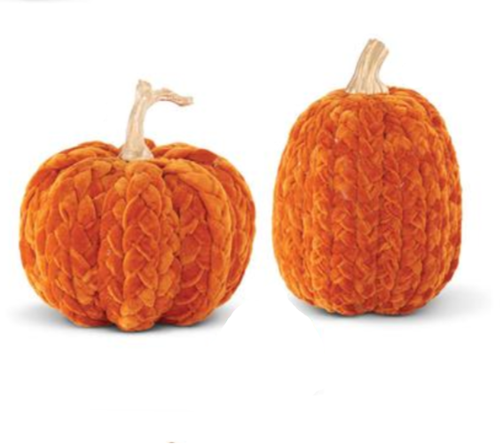 Two textured orange pumpkins in different sizes with beige stems. The fabric has a braided texture