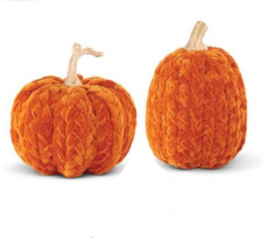 Two textured orange pumpkins in different sizes with beige stems. The fabric has a braided texture