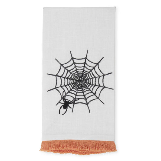 Towel with spider web and spider design on a white cotton fabric with orange fringe trim