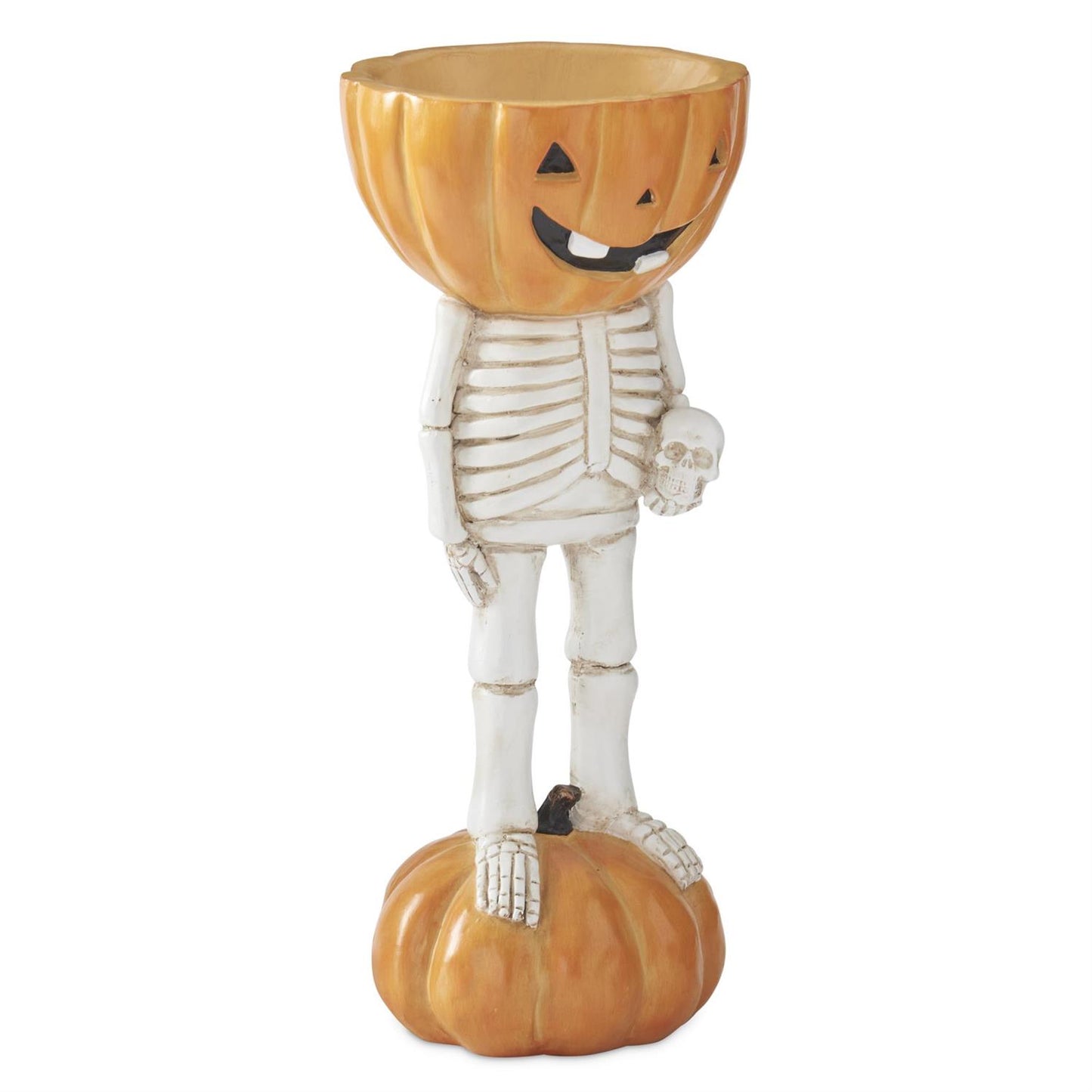 A Halloween decorative skeleton figurine standing on a pumpkin, with a carved jack-o'-lantern head and a small skull in one hand