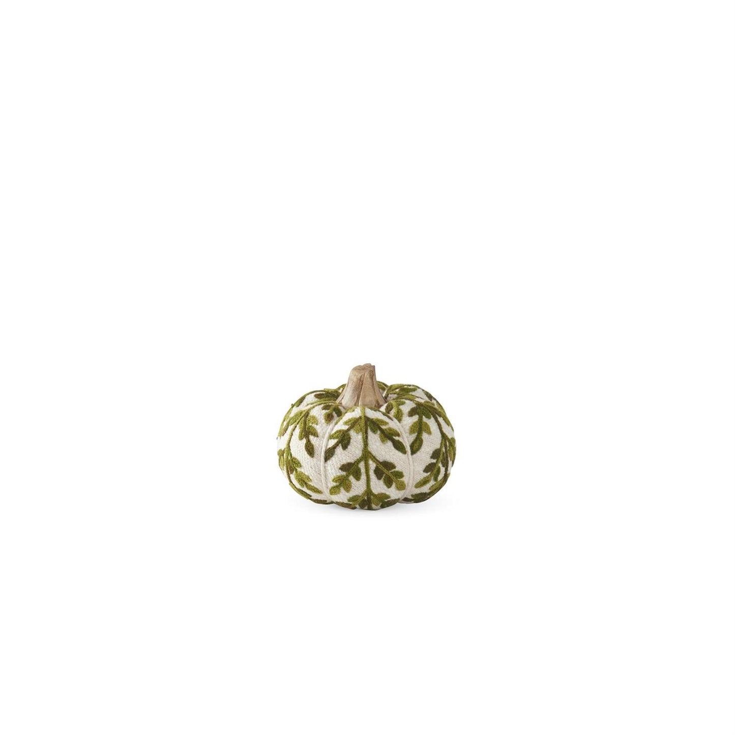 A small decorative pumpkin with a white base and an olive green leaf pattern, featuring a natural tan stem, centered on a solid white background.