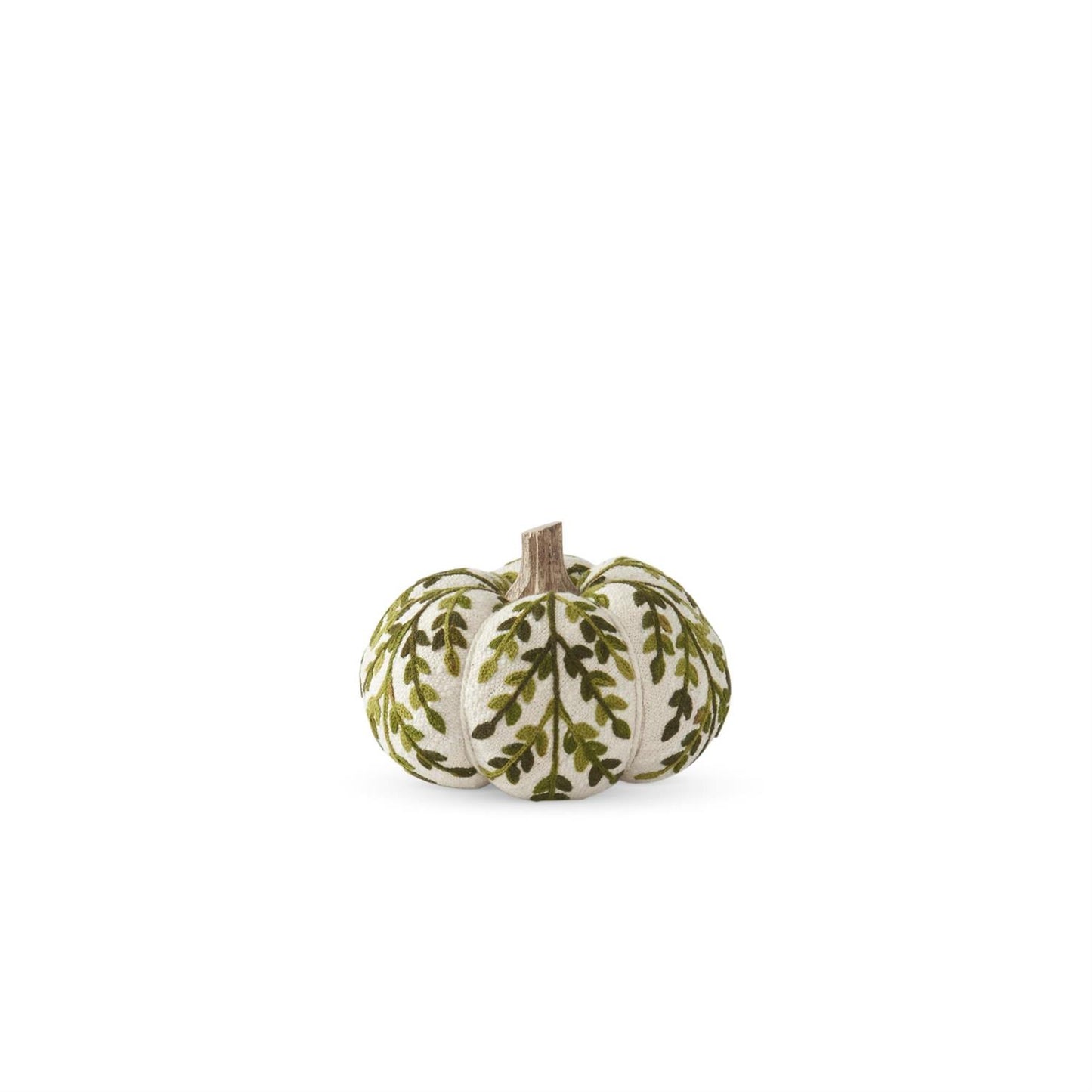 decorative knit cream pumpkin with a green leaf pattern and a wooden stem