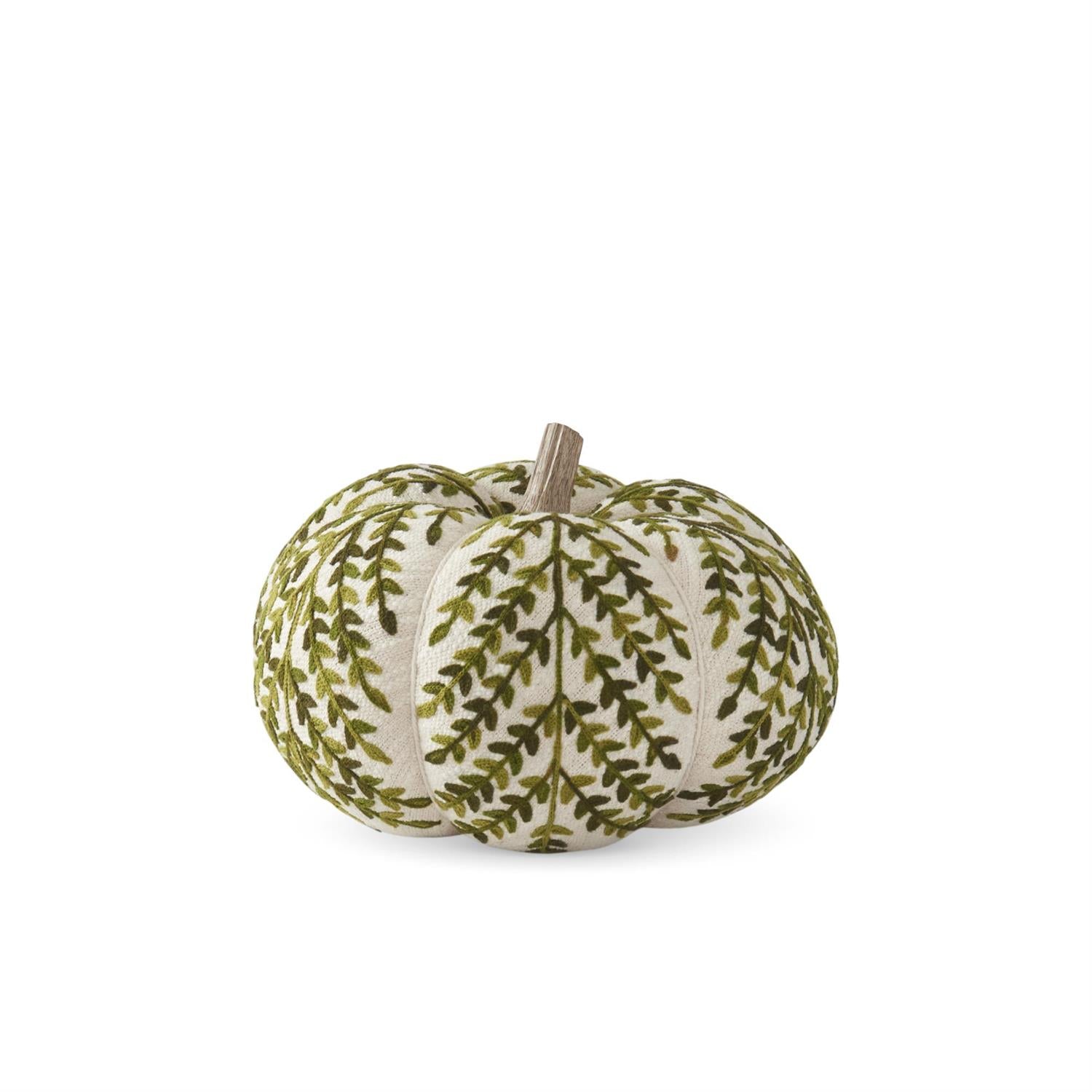  decorative knit cream pumpkin with a green leaf pattern and a wooden stem