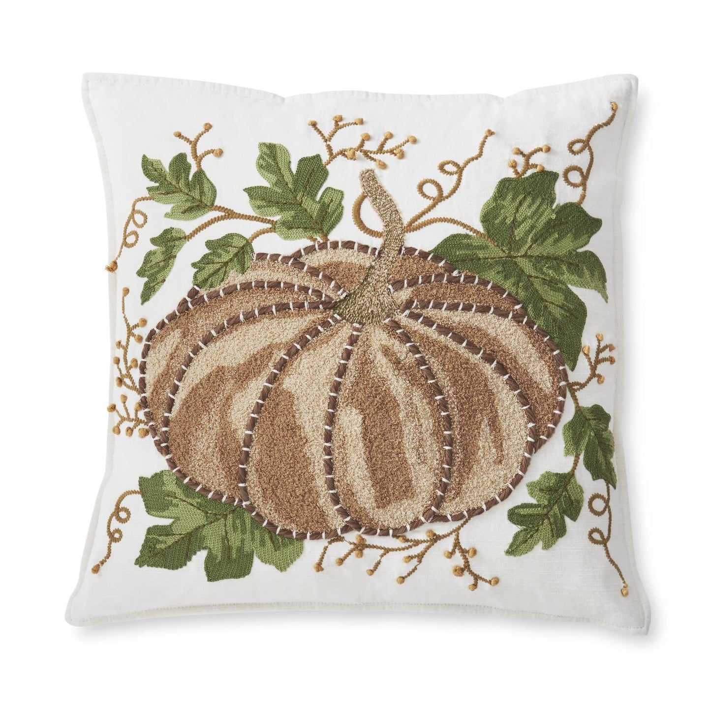 Decorative square pillow with embroidered brown pumpkin and leaves on a white background