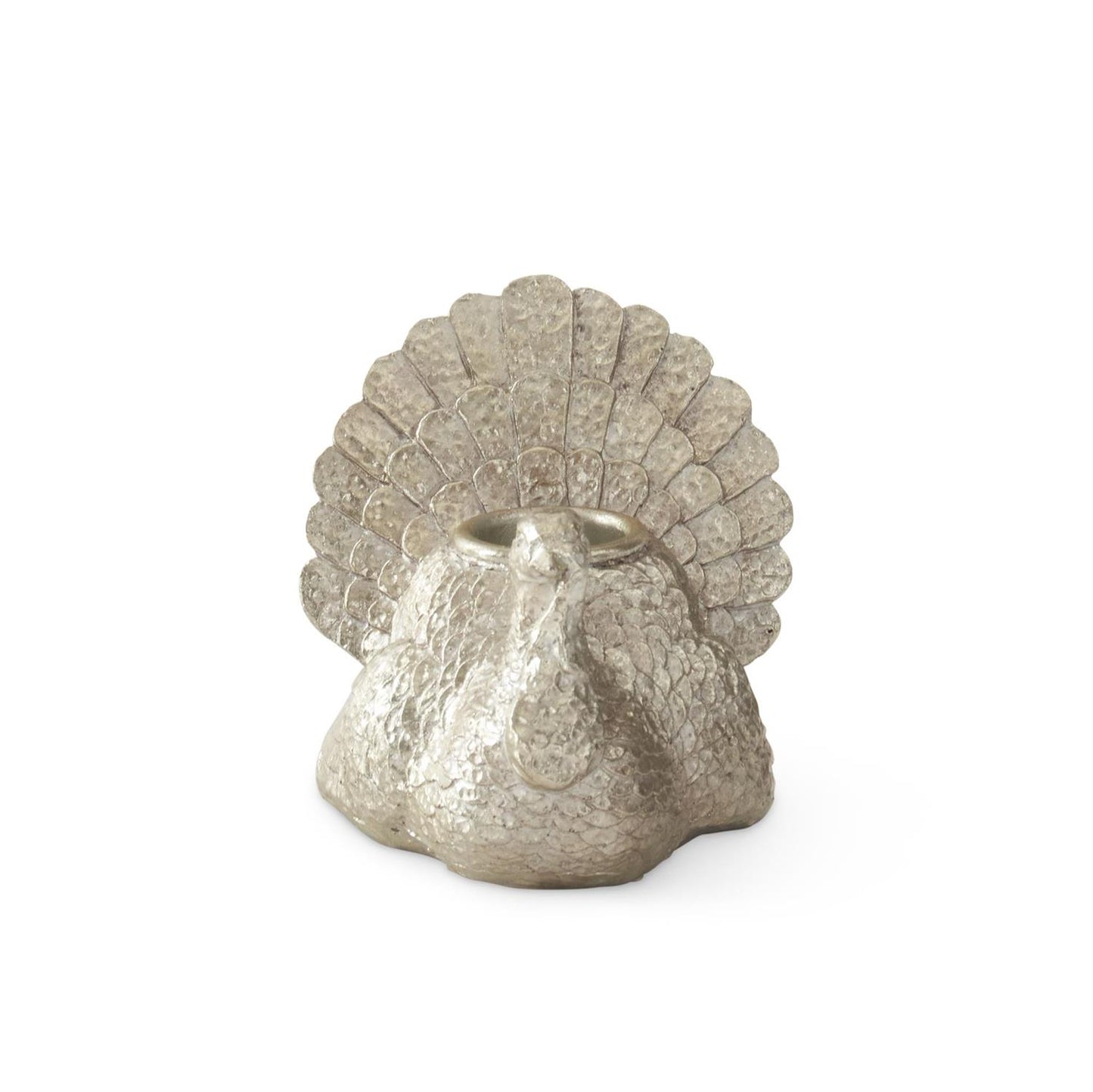 Decorative silver turkey-shaped candle holder on a white background
