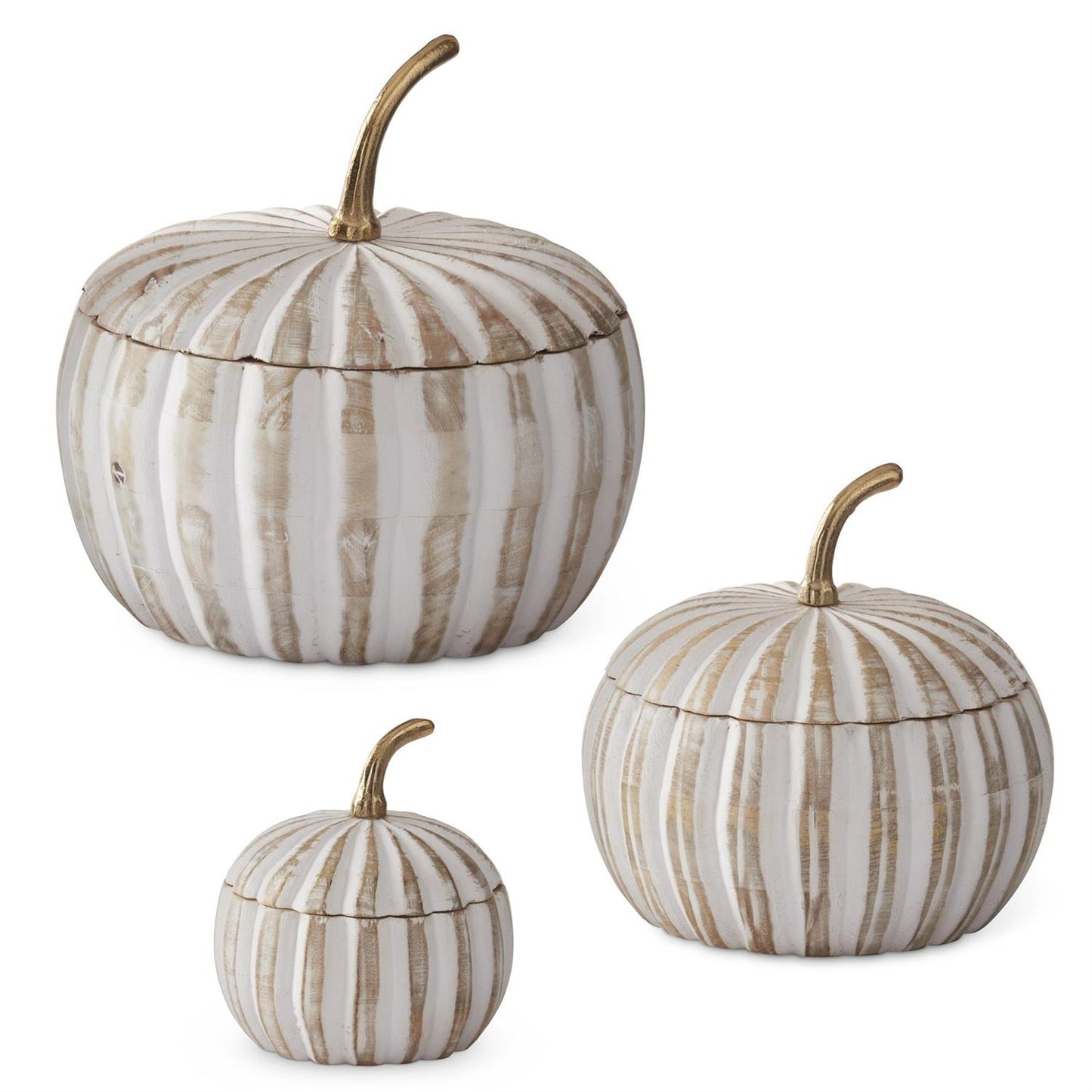 Three ribbed decorative pumpkins with lidded containers in a distressed white and beige striped finish, each with a gold-toned stem, shown on a plain white background.