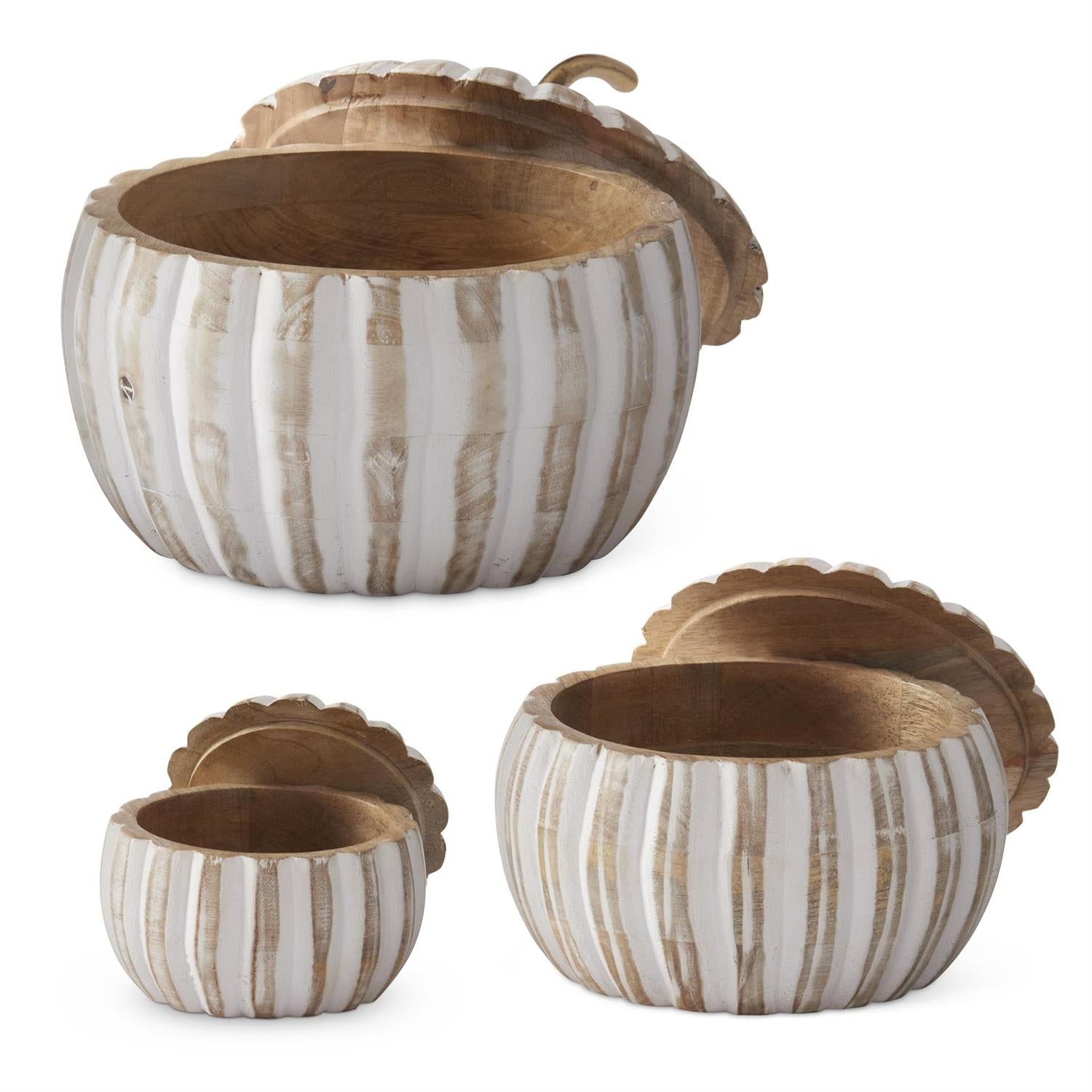 Three round wooden pumpkin containers with scalloped lids, shown in nested sizes on a white background. The bowls have a white and light tan vertical striped pattern with a natural wood interior.