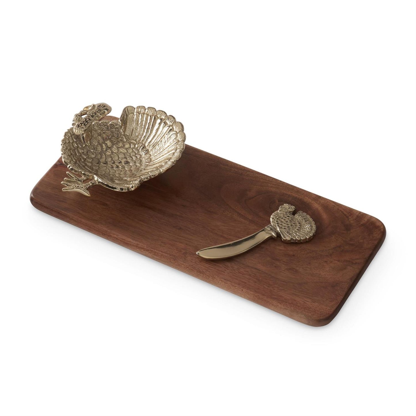 Wooden tray with a decorative turkey dish and spreader on a white background