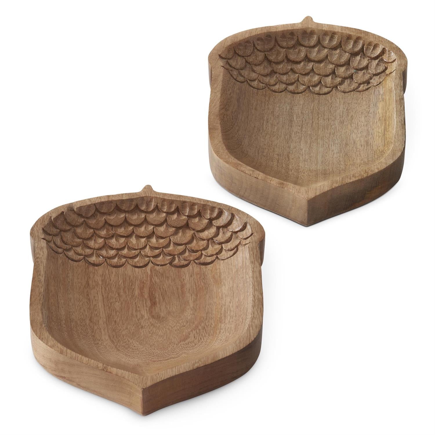 Two wooden mango wood trays of different sizes in the shape of an acorn