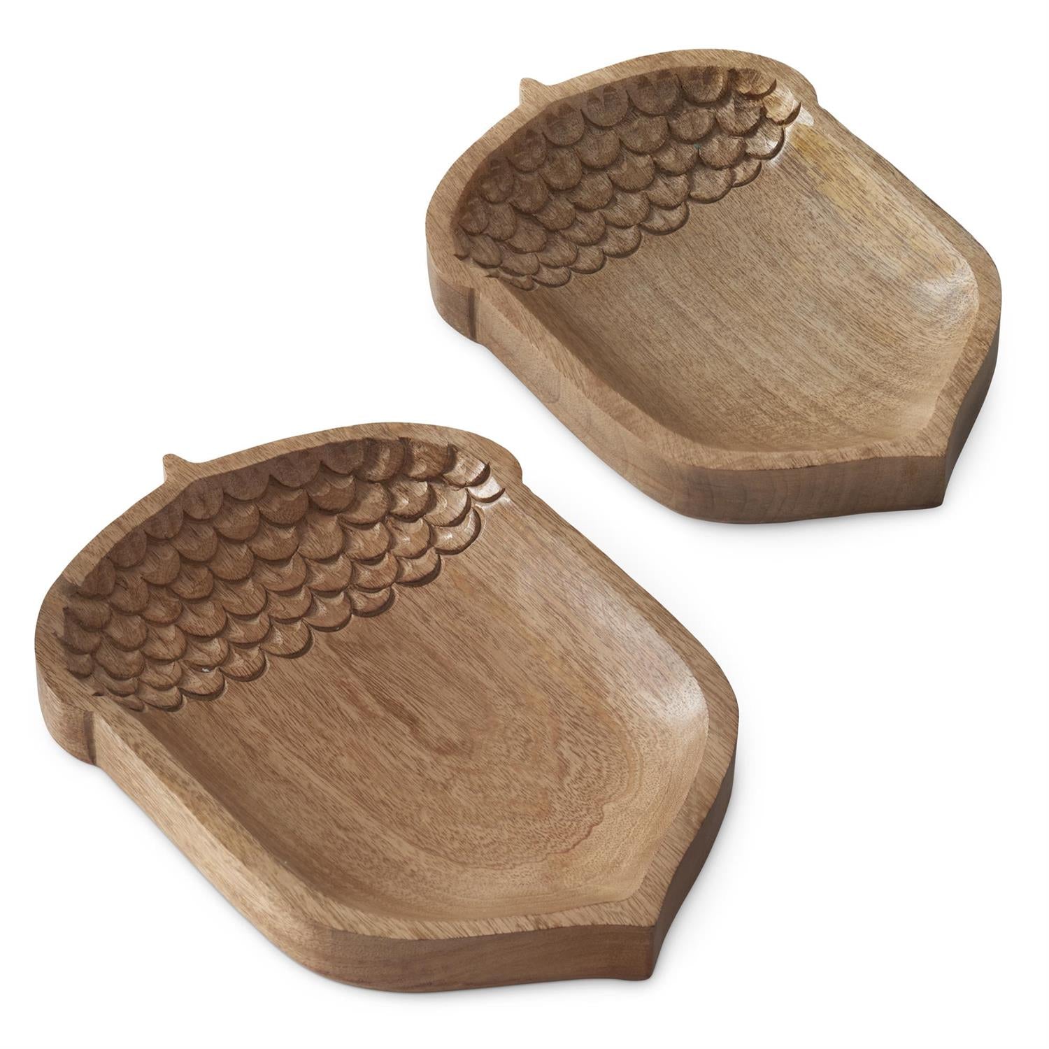 Two wooden trays with acorn top details on a white background