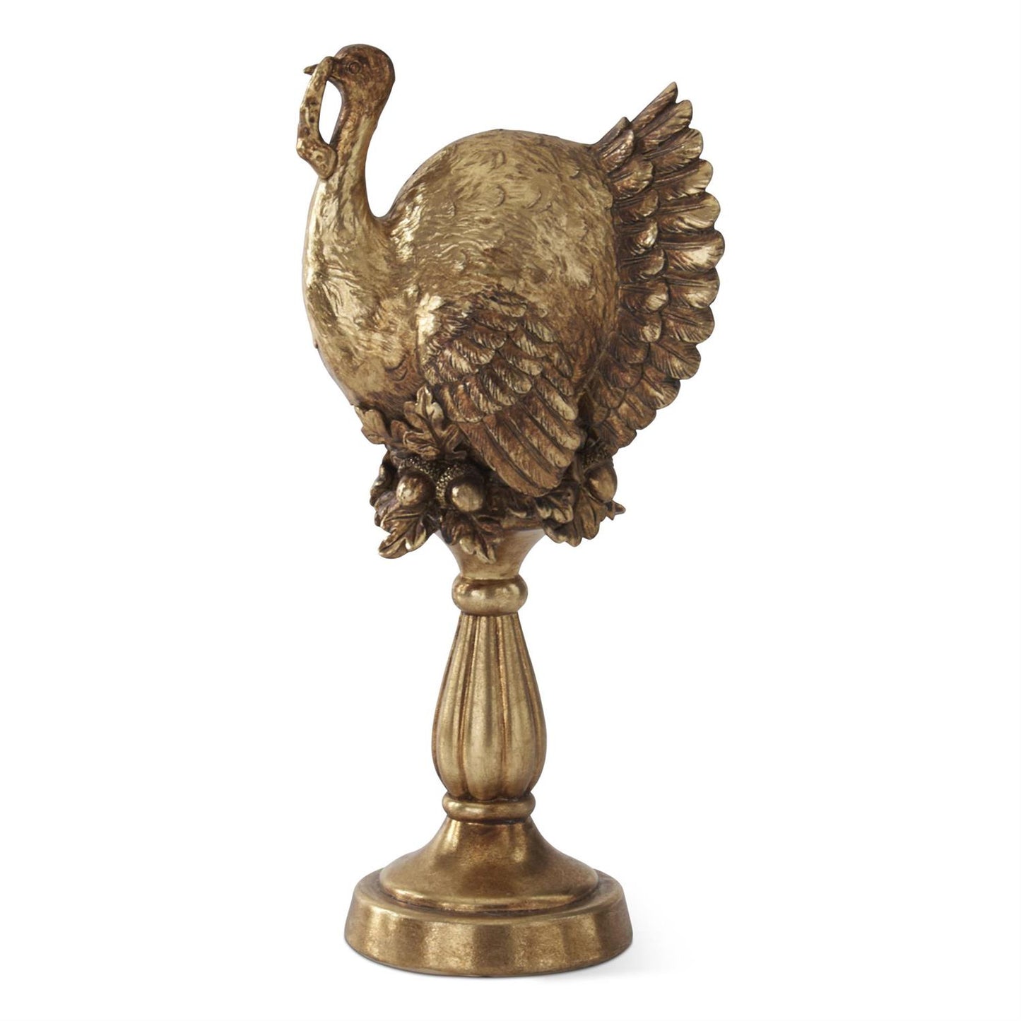 antique gold statue of a turkey on a column pedestal.