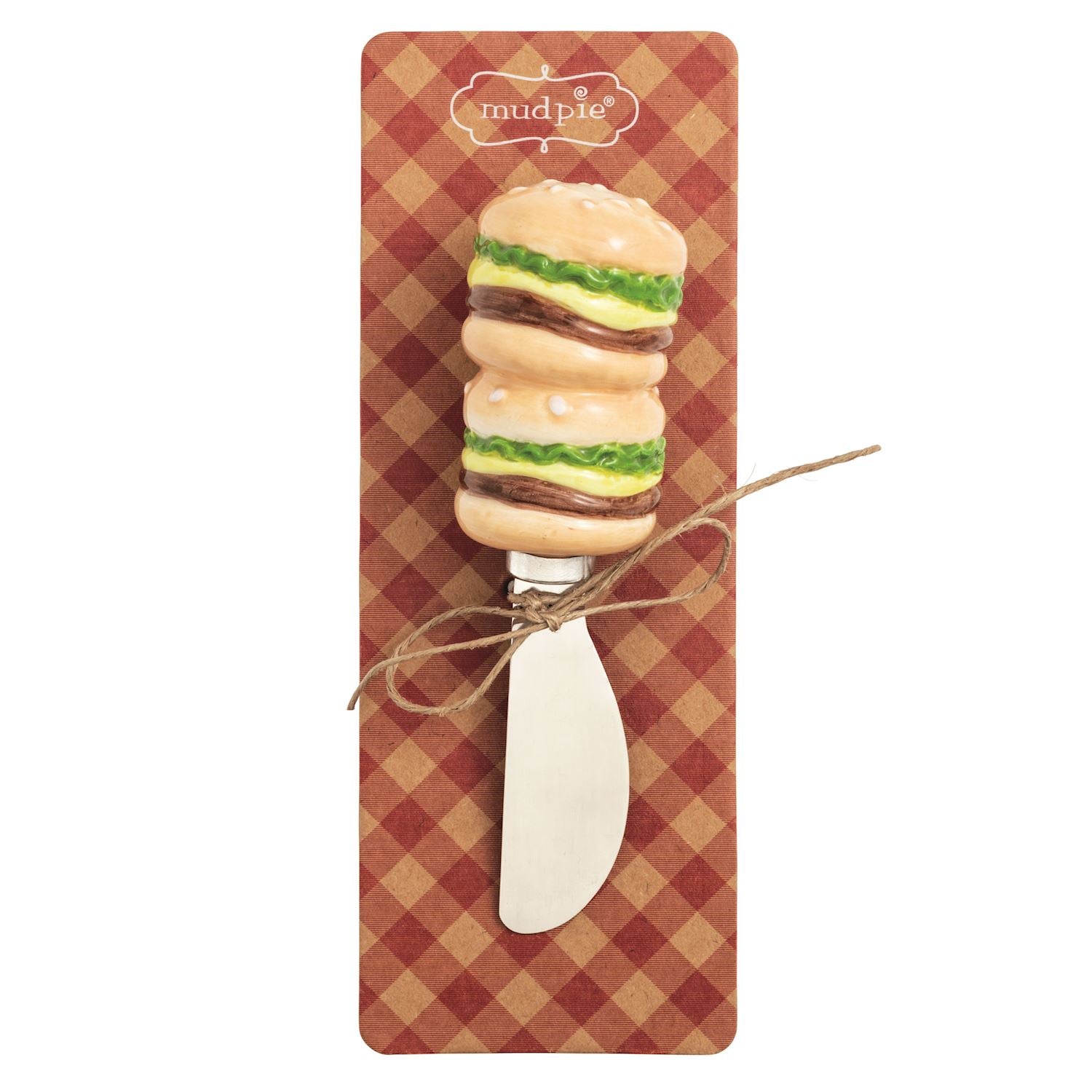 Hamburger-shaped spreader on a checkered card with 'mudpie' branding