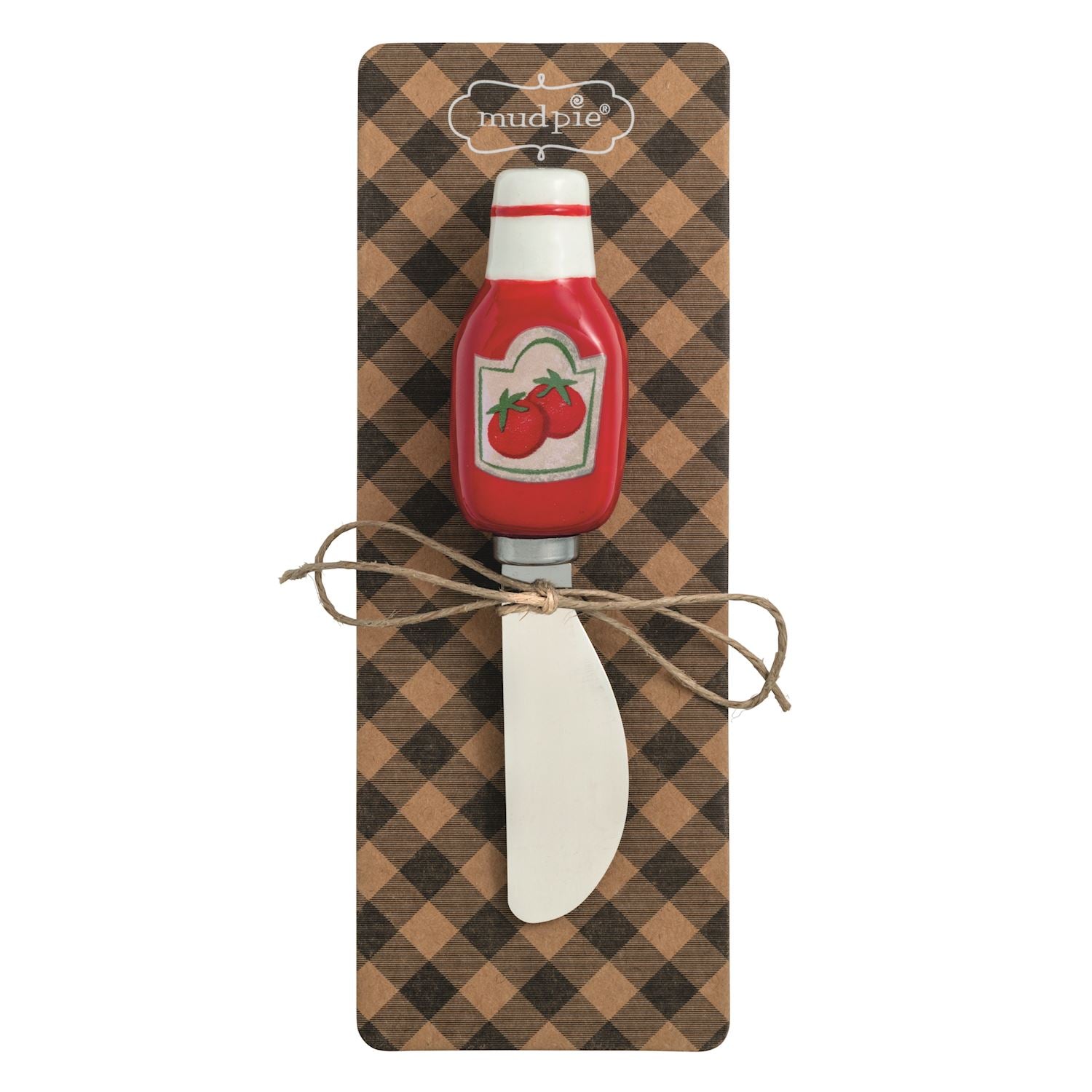 Ketchup bottle-shaped spreader on a checkered card with 'mudpie' branding