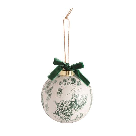 Green Toile Ball Ornament Santa Scene