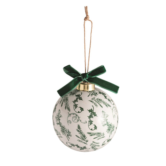 Green Toile Ball Ornament Merry Christmas