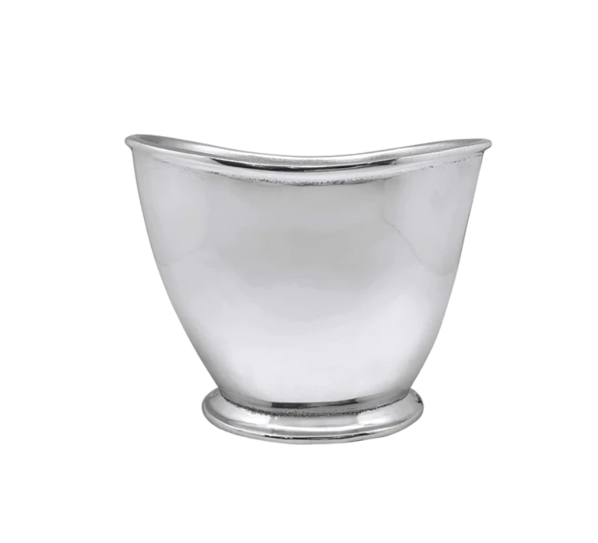 A small mariposa signature oval ice bucket made from polished aluminum, with a smooth and shiny surface.