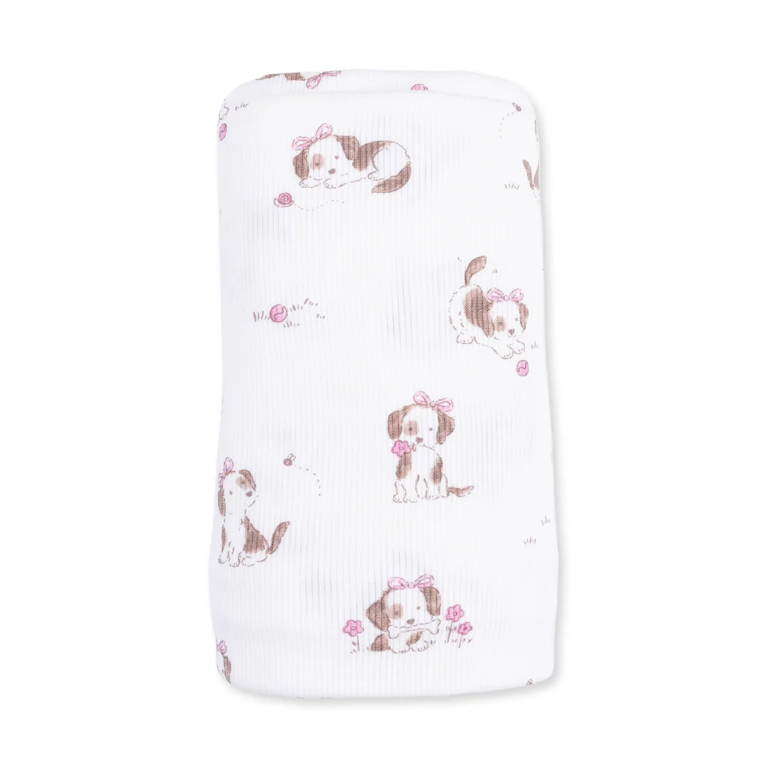 White Angel Dear swaddle blanket with pink explorer puppy pattern on a white background