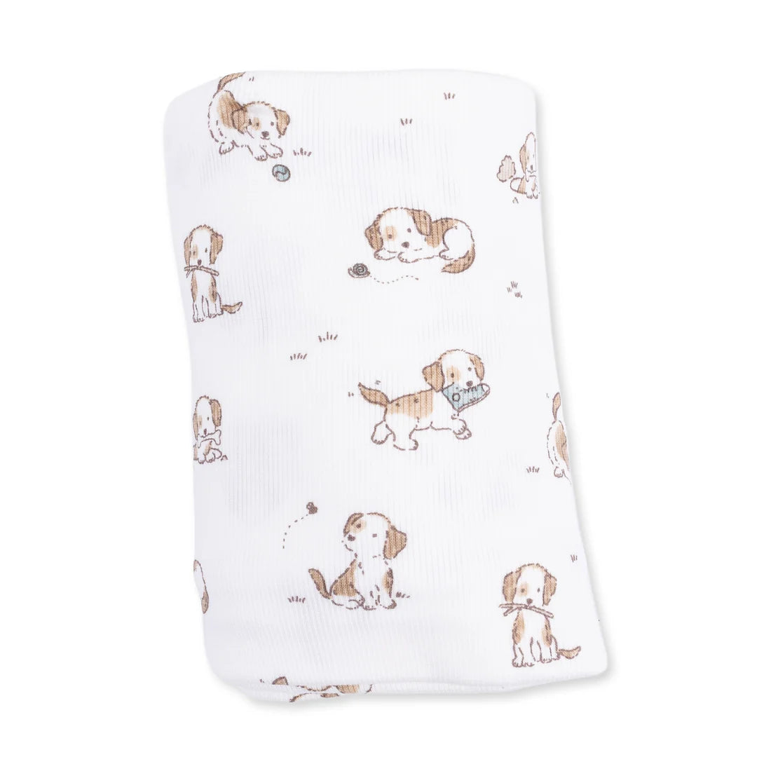 A folded white muslin angel dear swaddle baby blanket featuring a repeating pattern of brown and beige blue explorer puppy illustrations holding toys, shown against a plain white background.