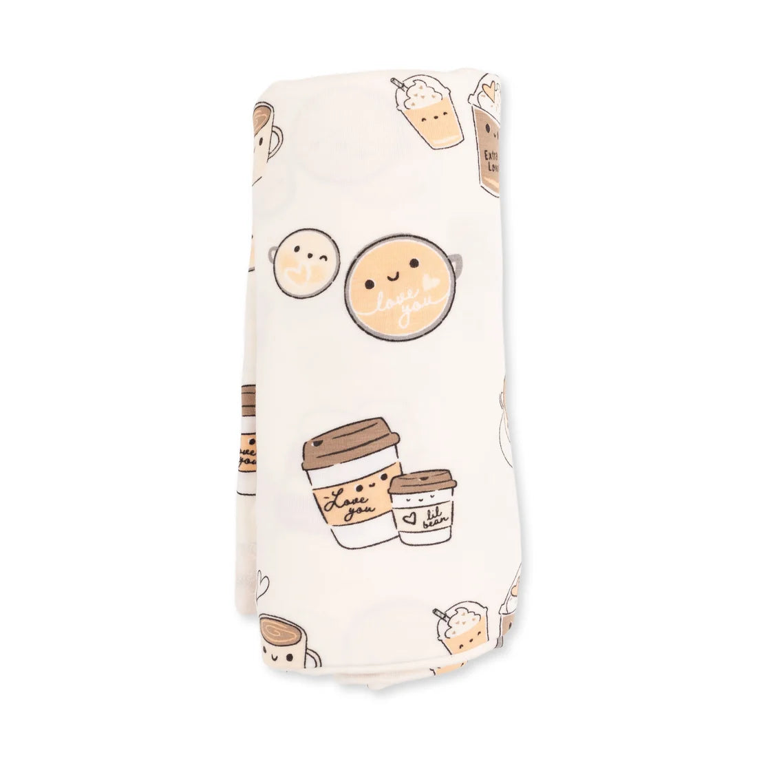 Angel dear folded white I love you a latte swaddle blanket featuring a cute cartoon coffee cup and latte pattern in beige, brown, and black, set against a plain white background.
