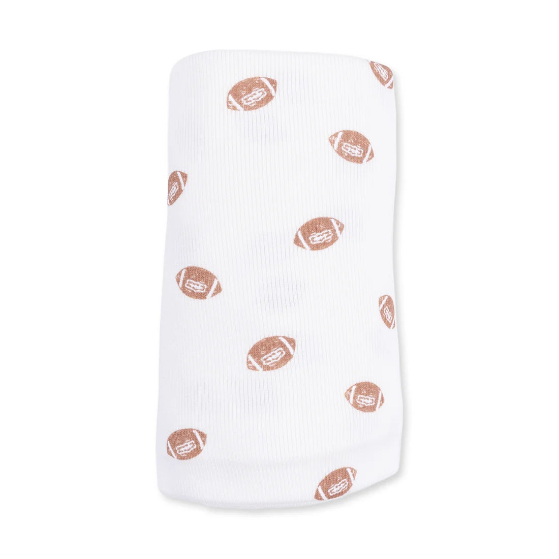 A white ribbed Angel dear mini footballs swaddle blanket featuring a repeating pattern of brown footballs with white laces, shown against a plain white background.